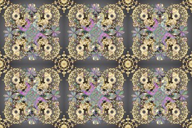 Duvar kağıtları için güzel bir desen. Rococo tarzında zarif, zarif bir süs. Bej, kahverengi ve gri renkli desenler. Raster. Eski renkli desenler. Barok biçiminde kusursuz desen.