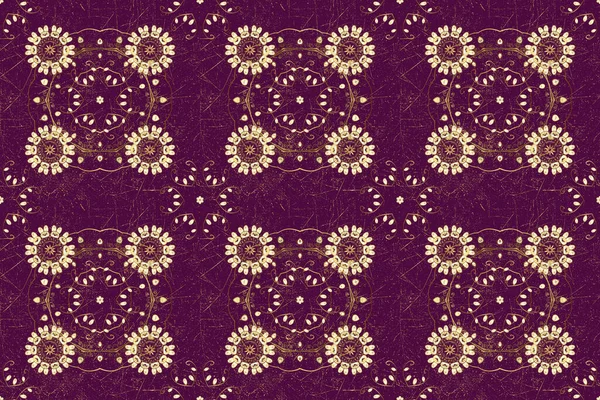 Golden floral seamless pattern. Golden element on a purple and brown colors. Damask background. Gold floral ornament in baroque style.