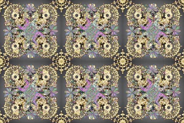 Duvar kağıtları için güzel bir desen. Rococo tarzında zarif, zarif bir süs. Bej, kahverengi ve gri renkli desenler. Raster. Eski renkli desenler. Barok biçiminde kusursuz desen.