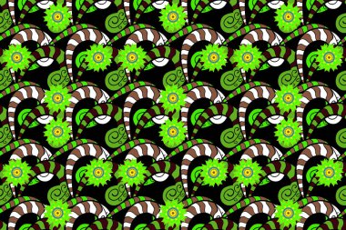 Kusursuz desen. Güzel kumaş deseni. Duvar kâğıtlarında, ambalaj kutularında, sabıka fotoğraflarında, bebek kıyafetlerinde falan kullanılabilir. Yeşil, siyah ve kahverengi renkli. Karalama kalıbı. Raster skeci. Hoş bir arkaplan.