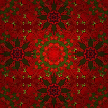 Nazik, sevimli çiçek arkaplanı. Çiçekli karalama şeklinde vektör deseni. Çiçekler kırmızı, kahverengi ve yeşil renklerde.