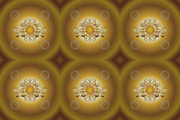 色彩艳丽的东方马赛克 具有经典的传统花卉图案和几何装饰 黄色和棕色的图解 有边框的花纹地毯 拉斯特插图 无缝隙 — 图库照片