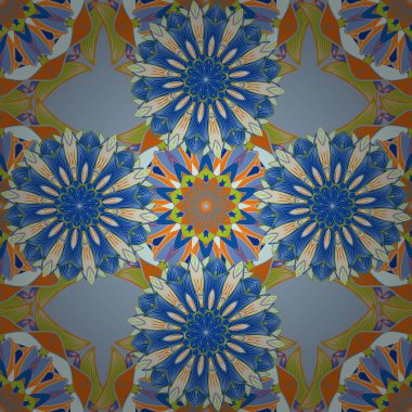 Turuncu, mavi ve nötr renklerde mandala süsü ile vektör hediye çeki şablonu.