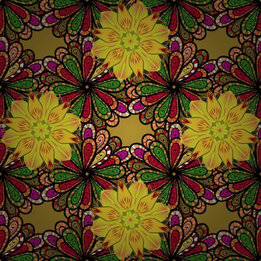 İslam 'ın, Arapça' nın, Hint dinlerinin ruhani ve ayinsel sembolü. Turuncu üzerine mandala, siyah ve sarı renkler. Vektör Yuvarlak Süs Şablonu. Küresel renklerde geometrik çember ögesi.