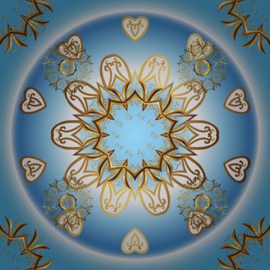 Tasarımın için, skeç. Vektör geometrik arkaplan. Altın rengi, kusursuz çizim. Tarafsız ve mavi renklerde altın çiçekli altın desenler.
