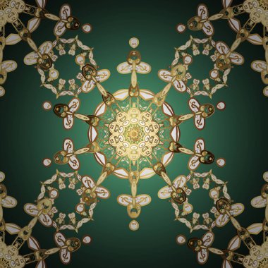 Barok tarzında kusursuz bir doğulu süsü. Yeşil, kahverengi ve mavi renkler üzerinde geleneksel altın desenli vektör.