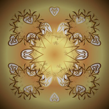 Vektör. Kahverengi üzerinde pürüzsüz desen, altın elementli sarı renkler. Hassas altın deseni açın. Kusursuz altın desenli bukleler. Doğu tarzı arabesk. Parlak dantel, stilize çiçekler..