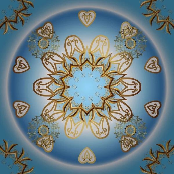 Tasarımın için, skeç. Vektör geometrik arkaplan. Altın rengi, kusursuz çizim. Tarafsız ve mavi renklerde altın çiçekli altın desenler.