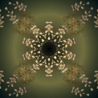 Altın elementlerle yeşil ve kahverengi renklerde klasik desen. Yeşil ve kahverengi renklerdeki altın desenli altın elementler. Noel, kar tanesi, yeni yıl.