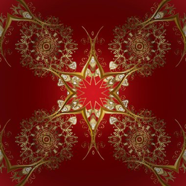 Geleneksel Arap dekoru kırmızı, kahverengi renkler. Çiçek süsüsüyle kusursuz desenli vektör. Çizim için altın süsleme. Doğu tarzında klasik tasarım öğesi. Süslü dantel iz sürücü.