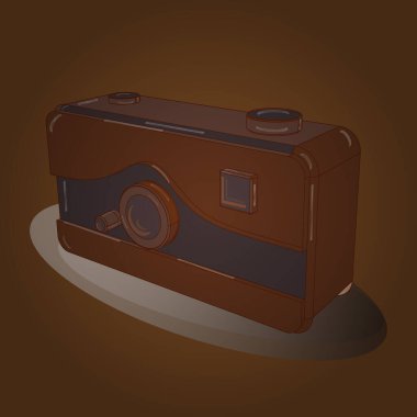 Vektör illüstrasyonunda el çizimi çizimi. Üç boyutlu. Fotoğraf makinesi. Kahverengi, gri ve bej renklerle çizilmiş. Eksen Ölçümü.