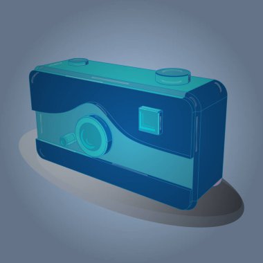 Eski kamera. Renkli arka planda 3 boyutlu bir Retro kamera. Eksonometri. Vektör.