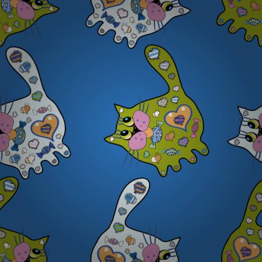 Şirin desenler çiziyor. Güzel geçmiş. Kedi resmi. Vektör - stok. Kusursuz güzel kumaş deseni. Yeşil, nötr ve mavi renkler.