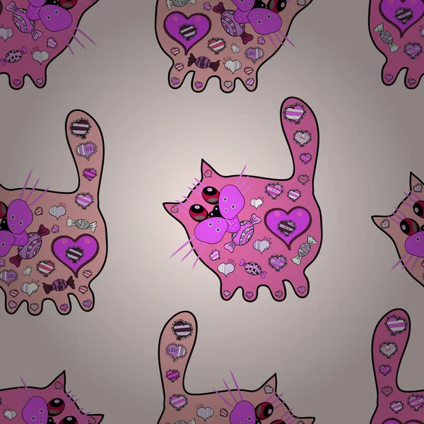 扁平的涂鸦 元素中性 紫色和粉红色的颜色 漂亮的面料图案 无缝印刷 矢量图解 猫科动物被隔离 — 图库矢量图片