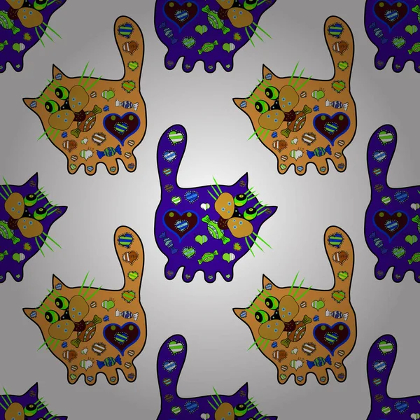 Kattenpatroon Wit Violet Oranje Kleuren Naadloze Abstracte Interessante Achtergrond Vector — Stockvector