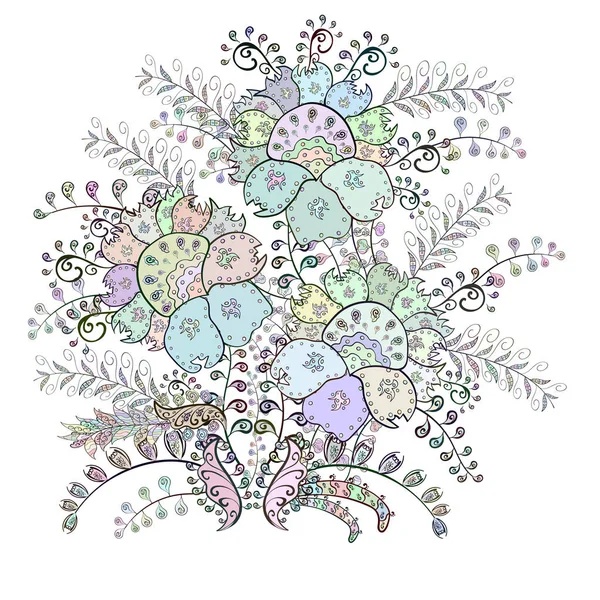 Vektör çizimi. Çiçek buketleriyle klasik bir eskiz şekli. Tarafsız, gri ve beyaz renklerde.