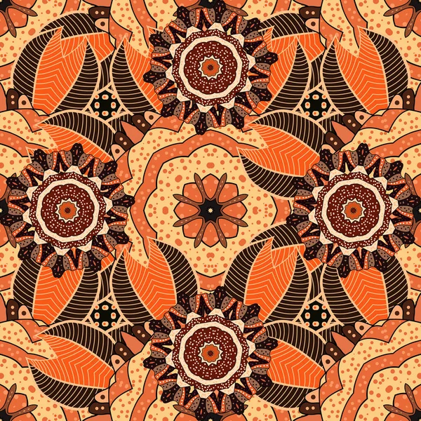 Handbeschilderde Vector Mandala Gekleurd Bruine Oranje Beige Kleuren Indische Pauw — Stockvector