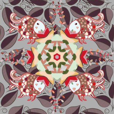 Küçük çiçekteki sevimli çiçek deseni. Vektör çizimi. Gri, pembe ve kahverengi renkte çiçekler.