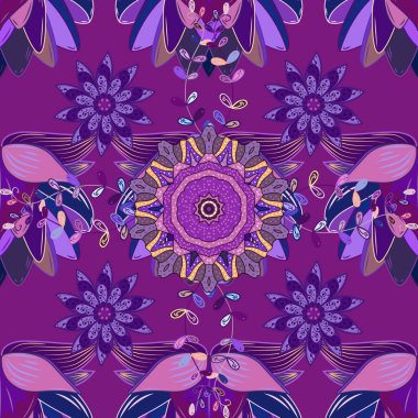 Mor, mor ve pembe renkte çiçekler. Çiçeksiz desenli arka plan. Tişört yazdırma için çiçek boyama vektörü.