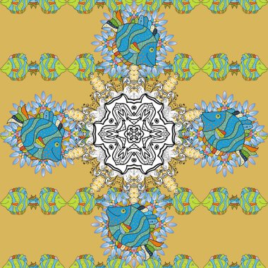 Tekstil, kumaş, ambalaj, hatıra defteri için hoş bir çiçek arkaplanı. Elle çizilmiş karalama çiçekleriyle kusursuz bir desen. Çocuksu tasarım. Yeşil, sarı ve mavi arkaplanda.