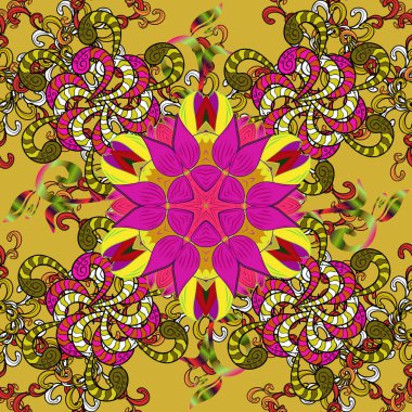 Çizim için kullanılabilir, web sayfası. Şekillendirilmiş çiçeklerle kusursuz bir yaz deseni. Vektör süslemeli zentangılsız doku, soyut çiçekli mandalalar sarı, morumsu, siyah renkler.