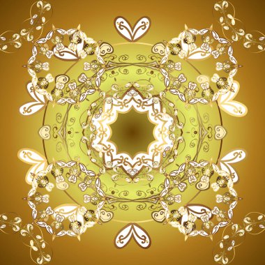 Altın antika ortaçağ dekoratif çiçek, yapraklar ve altın desenli süslemelerle vektör desenli çizim. Kraliyet Lüksü Altın Barok Şam Şam Şam Şam. Sarı, kahverengi arka plan.