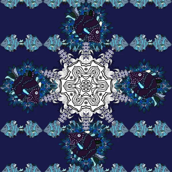 Вектор Мандала Бохо Стиль Цветок Бесшовный Узор Нейтральные Белые Синие — стоковый вектор