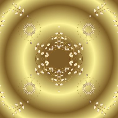 Tarafsız ve sarı arka planda. Kraliyet Lüksü Altın Barok Şam Şam Şam Şam. Altın antika ortaçağ dekoratif çiçekleri, yaprakları, altın desenli süslemeleri olan vektör desenli bir çizim..