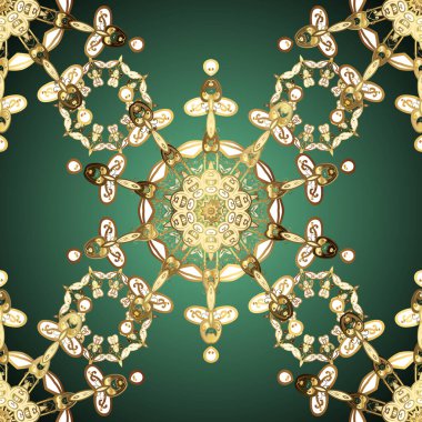 Vektör altın pürüzsüz desen. Düz elle çizilmiş klasik koleksiyon. Arkaplan, kumaş, altın çizim. Altın desenli kahverengi, yeşil ve mavi altın elementlerle.