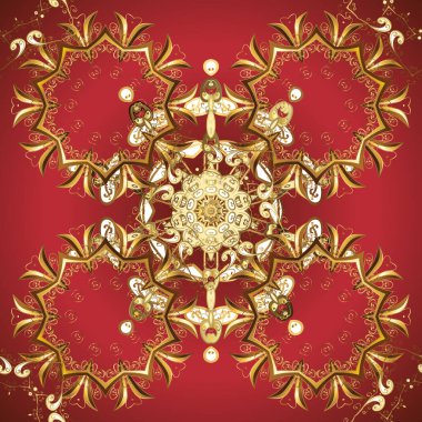 Kahverengi ve kırmızı renkli elementler. Retro tekstil koleksiyonu. Geometrik motifli basit, pürüzsüz bir Noel deseni. Vektör çizimi. Farklı süslere sahip kar taneleri.