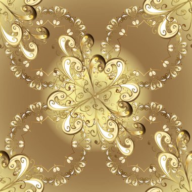 Kusursuz altın desen. Vektör altın çiçek süsü brokar kumaş ve cam desenli. Kahverengi, bej ve altın elementli nötr renkler. Çiçek desenli altın metal..