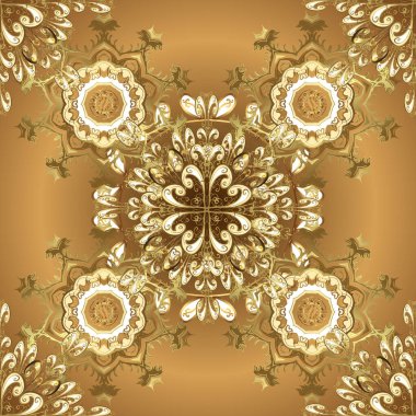 Altın elementlerle bej ve kahverengi renklerde altın desen. Süslü dekorasyon. Lüks, kraliyet ve Viktorya dönemi konsepti. Vector vintage barok çiçeksiz altın desenli.