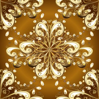 Çiçek deseni. Kahverengi ve bej renklerde altın elementler. Barok eskizi, damask. Şık bir grafik desen. Vektör arkaplanı.