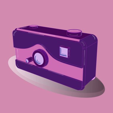Retro kamera. Pembe, nötr ve mor renkli bir görüntü. 3 boyutlu olarak sunulmuştur. Eksonometri. Vektör.