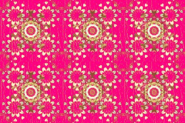 Kusursuz altın desenli bukleler. Raster. Doğu tarzı arabesk. Hassas altın deseni açın. Eflatun renkler ve altın elementler üzerinde kusursuz desen. Parlak dantel, stilize çiçekler, şal desenli.