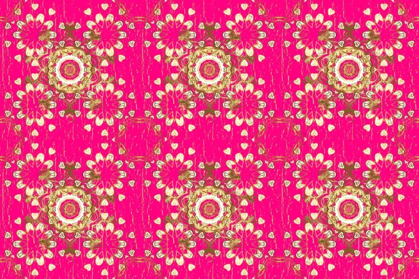 Kusursuz altın desenli bukleler. Raster. Doğu tarzı arabesk. Hassas altın deseni açın. Eflatun renkler ve altın elementler üzerinde kusursuz desen. Parlak dantel, stilize çiçekler, şal desenli.