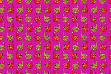 Raster. Ambalaj kağıdı için güzel desen. Kusursuz desenli Sketch şirin arkaplan. Kedi görüntüsü izole. Renklere sarı, morumsu ve kırmızı karalamalar.