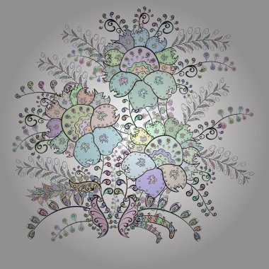 Çiçek ve yapraklı karalama şeklinde vektör deseni. Nazik, bahar çiçekleri beyaz, gri ve nötr renklerde. Vektör illüstrasyonu.