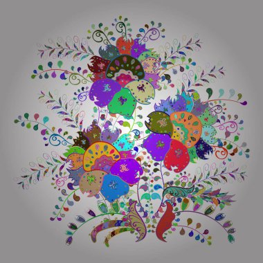 Nazik, sevimli çiçek arkaplanı. Mor üzerine çiçekler, yeşil ve beyaz renkler. Çiçekli karalama şeklinde vektör deseni.