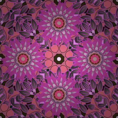 Kusursuz. Şirin çiçek elementleri. Vektör çizimi. Mor, pembe ve kahverengi renkte çiçekler.