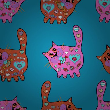 Tasarım ambalajı ve hediye kağıdı, tebrik kartları, afiş ve poster tasarımı. Kusursuz desen soyut şirin arkaplan. Karalama kalıbı. Mavi, pembe ve turuncu renkli. Vektör illüstrasyonu.