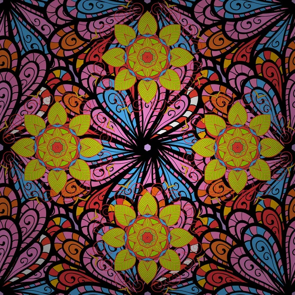 Handgezeichnetes Farbiges Mandala Rosa Grünen Und Schwarzen Farben Abstraktes Vektormuster — Stockvektor