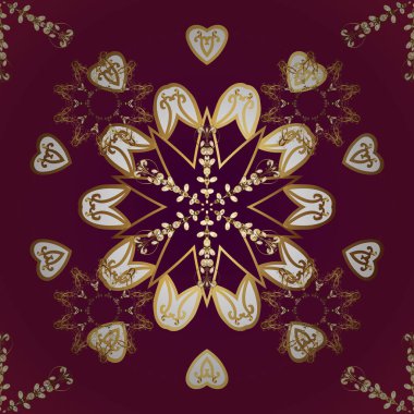 Kırmızı ve mor renklerde, altın elementlerle kusursuz klasik desen. Kırmızı ve mor renklerde altın rengi ve altın elementleri var. Noel, kar tanesi, yeni yıl.