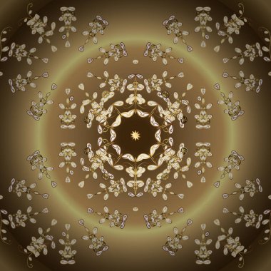 Vektör çizimi. Kusursuz damaske klasik altın desen. Tekrarlayan elementlerle soyut vektör arkaplanı. Kahverengi ve bej renklerde altın rengi ve altın elementler üzerinde altın pürüzsüz desen.