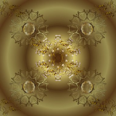 Senin tasarımın için, duvar kağıdı. Sarı ve kahverengi renklerde, altın çiçekli altın desenler. Altın rengi, kusursuz çizim. Vektör geometrik arkaplan.