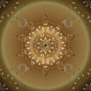 Kusursuz desenli altın elementler. Kart, duvar kağıdı, ambalaj ve tekstil için klasik tasarım. Altın şablon. Klasik çiçek dokusu. Vektör çizimi. Kahverengi ve sarı renklerde Kraliyet retro 'su.