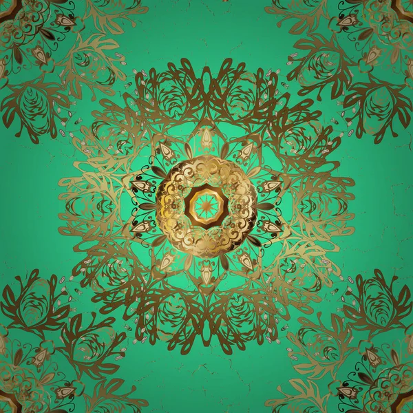 Estilo Oriental Arabescos Patrón Dorado Verde Marrón Colores Con Elementos — Vector de stock