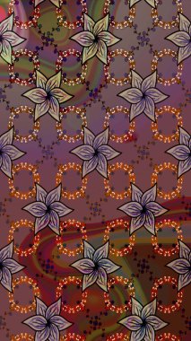 Kahverengi ve mor renkli çiçekler. Çiçek desenli çizim. Raster illüstrasyonu. Asya tekstil tarzında. Raster illüstrasyonu.