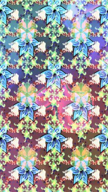 Tarafsız renklerde çok renkli, zarif küçük çiçekler ve komik böcekler, raster deseni, illüstrasyon.