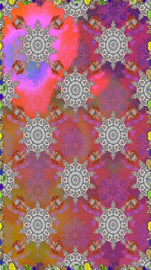 Modern çiçek arkaplanı. Halk tarzı. Moda baskıları için zarif bir şablon. Parlak renkli çiçeklerle ve pembe renklerde yapraklarla şaşırtıcı, pürüzsüz çiçek deseni.